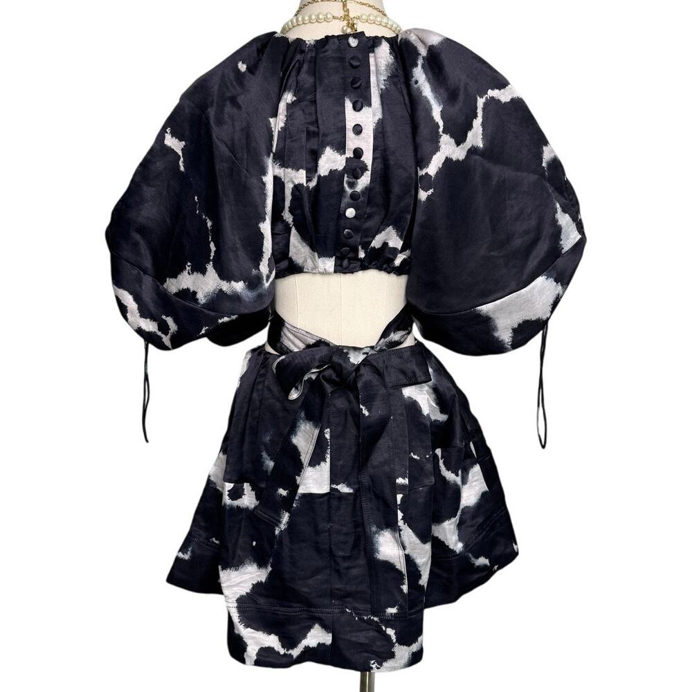 AJE Oxidised Puff-sleeved Cutout Linen-blend Mini Dress navy blue size US 2 AU 6 - Picture 9 of 16